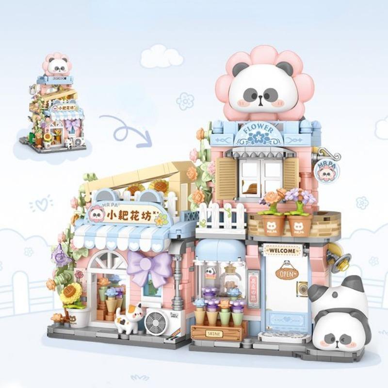 Loz Taiyaki Street View Shop Miniatur-Bausteine Panda Ziegel Spielzeug Montage Blume Werkstatt Klapphaus Sammlung Modell