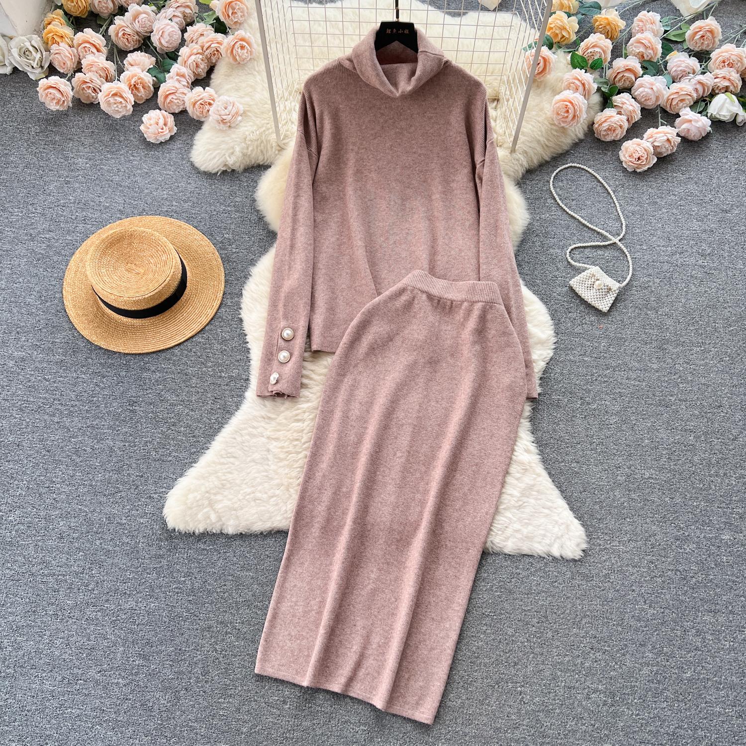 

Зимний отдых, стильный вязаный комплект из двух предметов, женский шикарный пуловер с высоким воротником, макси, облегающая юбка в рубчик, модная одежда, наряд One Size темно-коричневого