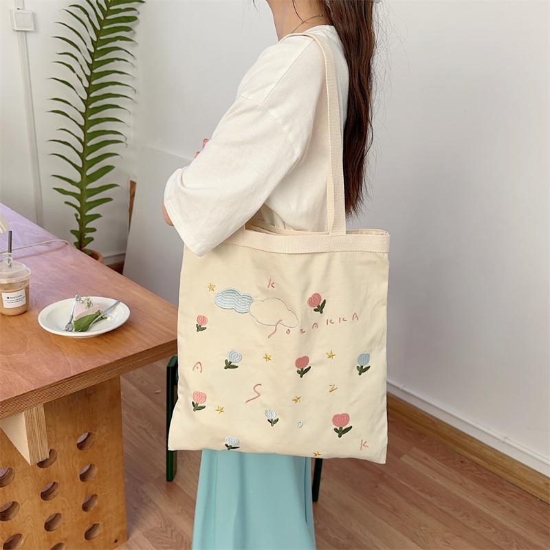 42 Embroidery Flowers Leisure Lazy Wind Artistic Hand Carry Shoulder Bag Shopping Bag Canvas Bag School Bag