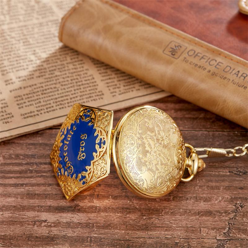 Personalized Fashion College Style Pentagonal Gold Blue Case Quartz Pendant Hanging Watch for Boys and Students Pocket Watch