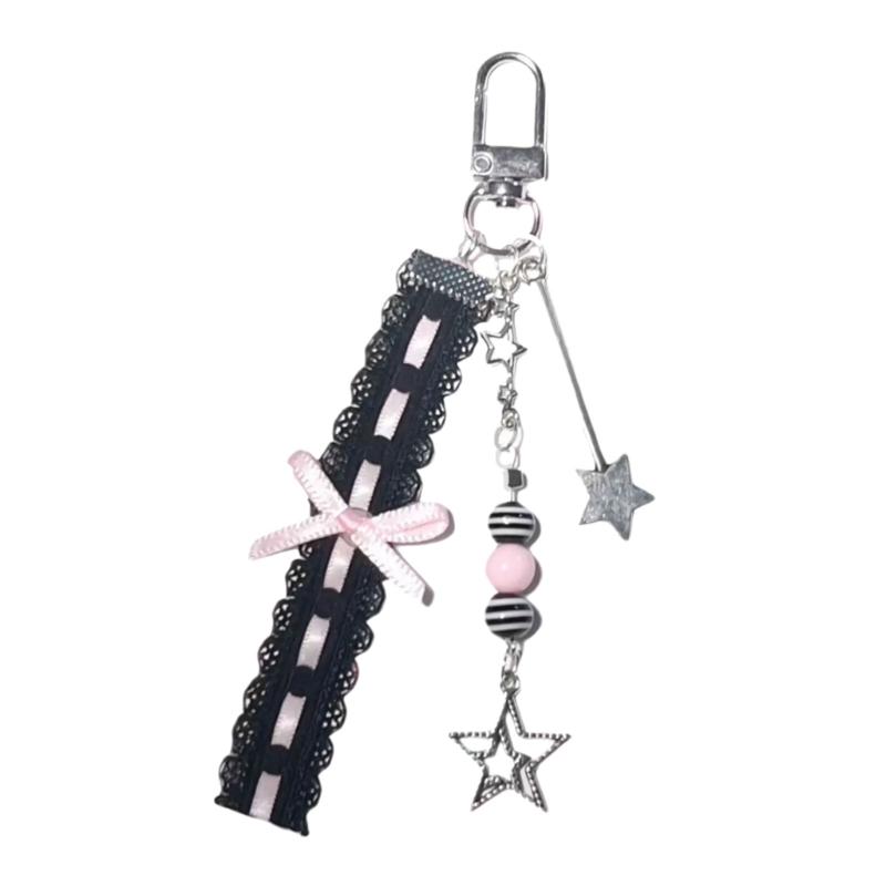 

Fashionable Star Pendant Keychain Featuring Charm Bowknot Ribbon Unique Bag Pendant Present for Youthful Women and Girls 1