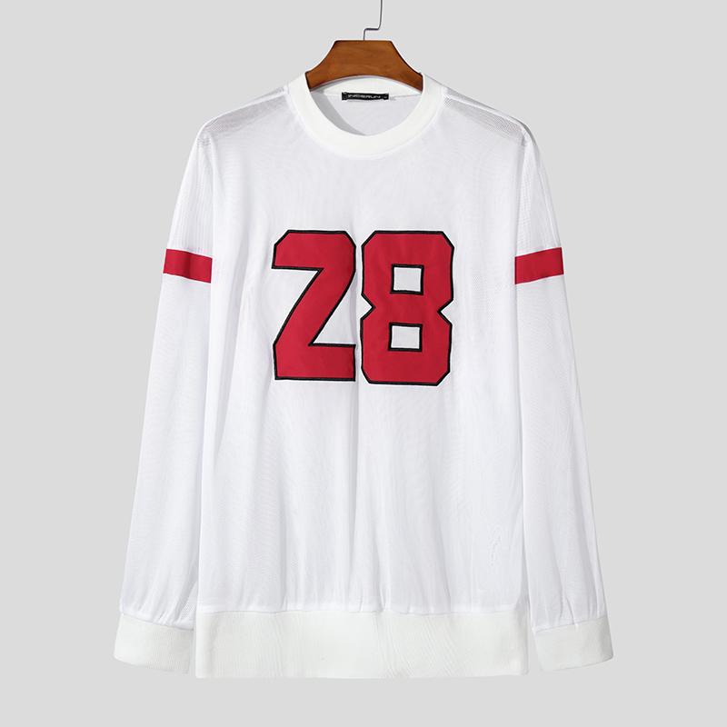 

INCERUN Men O-Neck Long Sleeve Print Mesh Tops Casual Hollow Out Sport T-Shirts білий