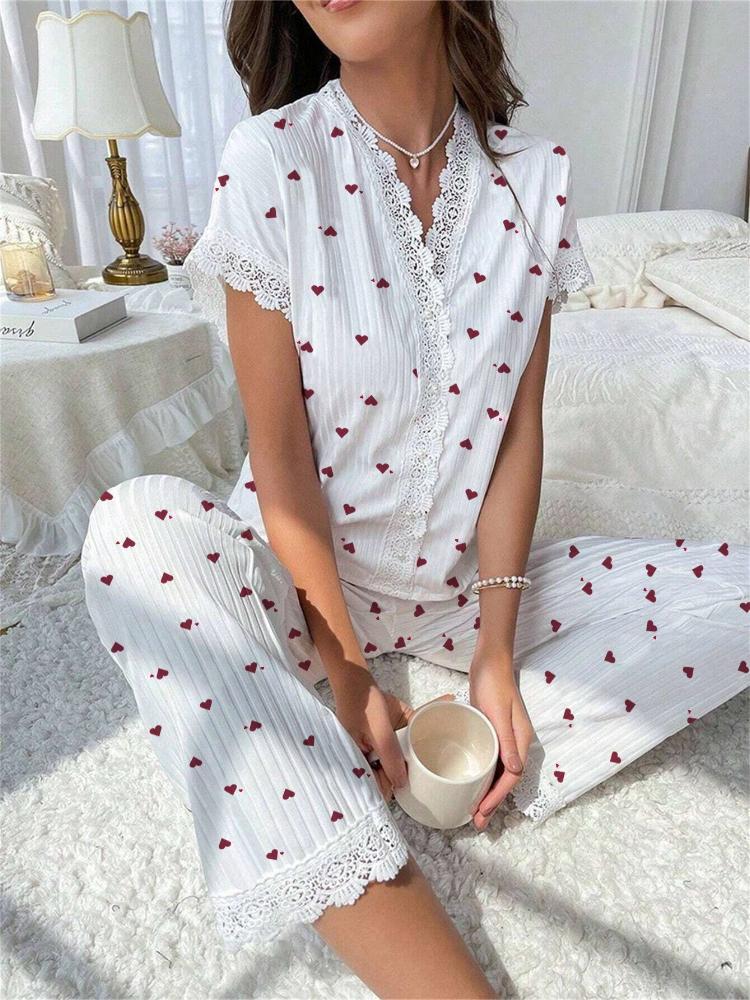 Ladies' Home Wear, Cherry Print Water-soluble Embroidered Edge Short-sleeved and Long Pants Pajama Set, Suitable for Women To Wear Pajamas Outside