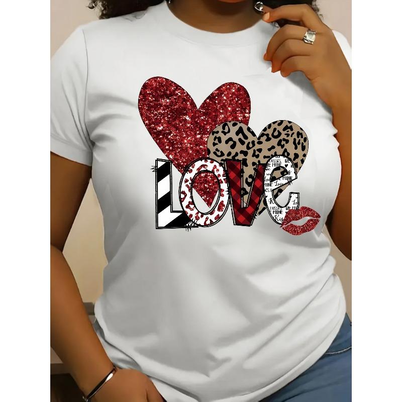 European Size Women'S Plus Size T-Shirt | Non-Stretch Fabric, Red Glitter Leopard Heart and LOVE Letter Pattern, Casual Daily and Valentine'S Day Wear