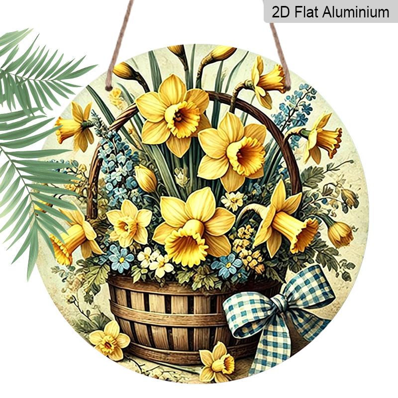 

2D Flat, 1pc Round Aluminum Sign Featuring Floral Arrangement, Perfect for Spring & Summer Decor. This Rustic Metal Wall Art Showcases Yellow 7.87×7.87inch