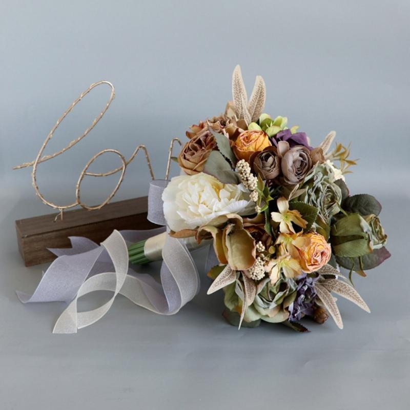 Artificial Flower Wedding Bouquet for Bride Bridesmaid Elegant Silk Flower Champagne Bridal Bouquet for Formal Occasion