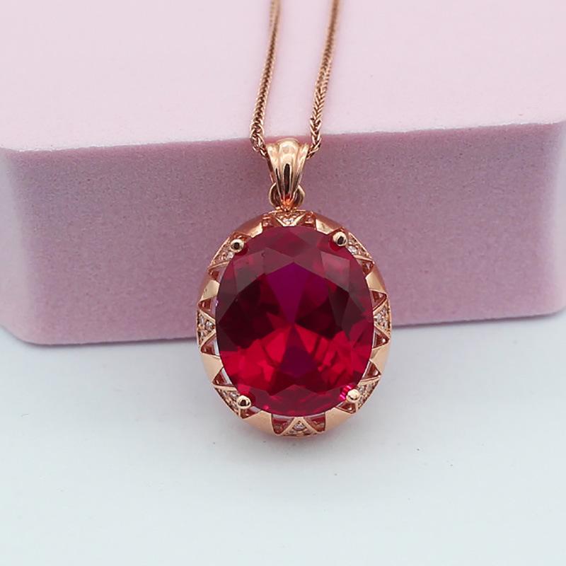 Exquisite Russian 585 Purple Gold Oval Redstone Pendant Luxury Light Luxury Design Rose Gold Plated Elegant Necklace