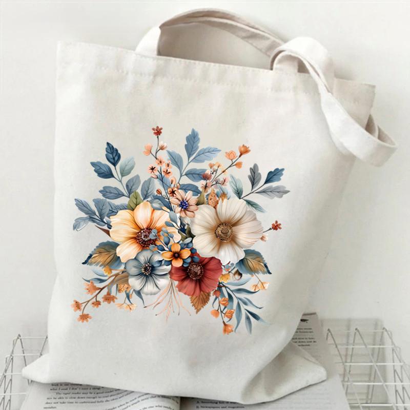 Elegant Wildflowers Aesthetic Canvas Handbag Reusable Floral Shopping Tote Bag for Women