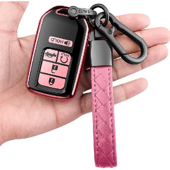 Sindeda For Honda Key Fob Cover With Leather Keychain,Soft TPU Full Cover Protection,Key Fob Case Compatible Honda Accord Civic CRV Pilot Odyssey