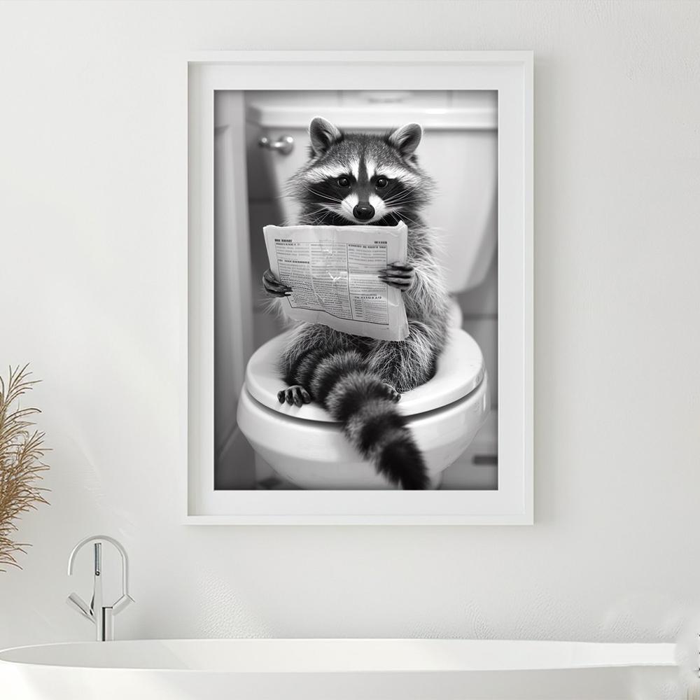 Impression d'art mural de salle de bain Raccoon Rigolo Affiche Raccoon en Peignoir Photos de Raccoon Se Baignant Décor Mural Raccoon sur Toilettes