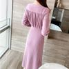 J-Scott Flared Knit Dress, Long Length, Puff Sleeves, Waistline, Pleated Skirt, Pink (JS28-PK-L) - Limited Stock