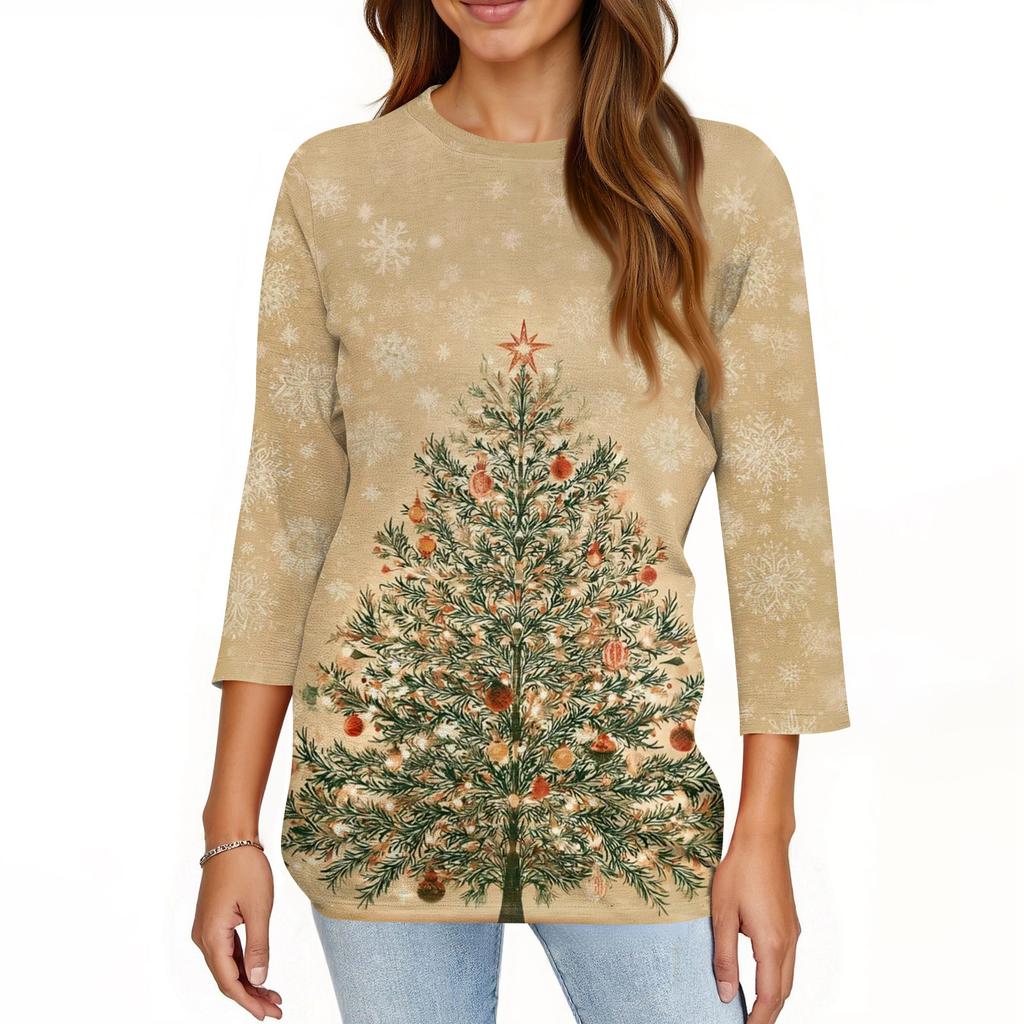 Damen T-Shirt mit Weihnachtsdruck, 3/4-Ärmel, für den Alltag, Wochenendmode, Basic, Rundhalsausschnitt, normales Oberteil