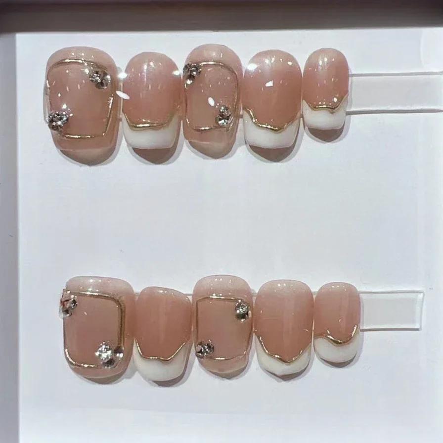 10Pcs Short Square French Cat Eye Press On Nails Handmade Shiny Diamond Detachable Acrylic Nail Tips Simple