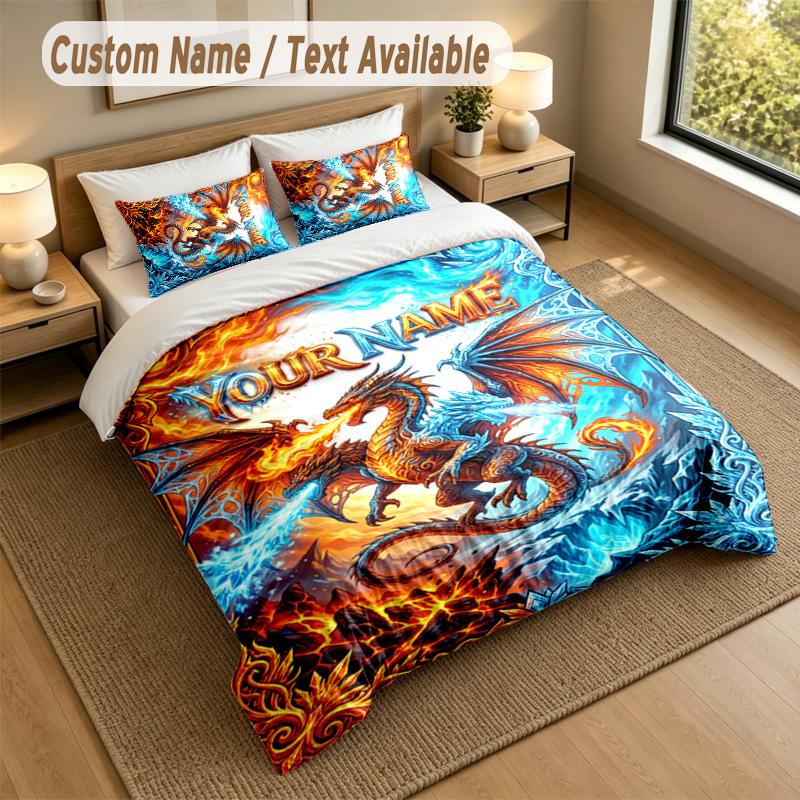 Drachen Phönix Thema Personalisierte 3-teilige Bettwäschegarnitur Benutzerdefinierter Text & Name 1 Bettlaken 2 Kissenbezüge Haushaltsbettwäsche 1 Stück