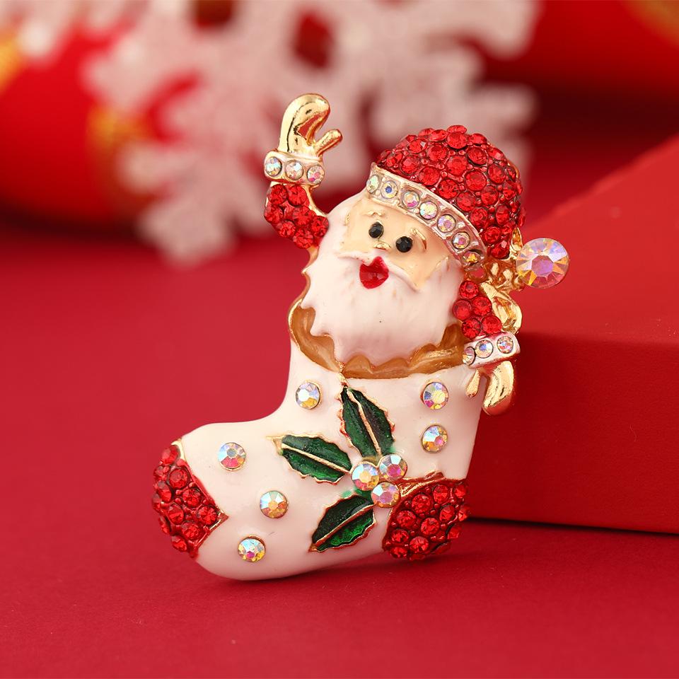 Retro Christmas Rhinestone Brooch - Glazed Santa Claus & Tree Pin Accessory