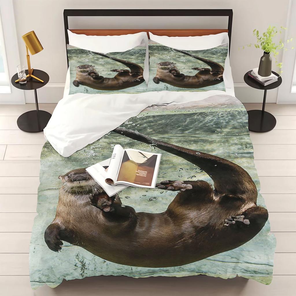 Otter Duvet Cover Animal Cartoon 3-Piece Set Children Cute Polyester Soft Breathable Comforter Animation Bedding