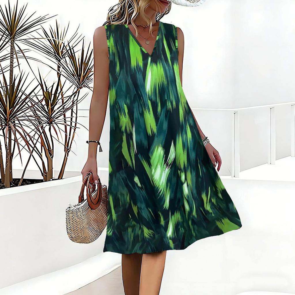 Plus Size V Neck Sleeveless Dress Misty Mountain Bamboo Ink Print For Scenic Area Travel