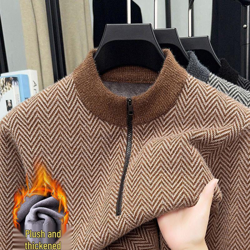 Dad's Warm Winter Knit: Mink Velvet Zipper Sweater, Plus Velvet for Middle-Aged & Elderly Men