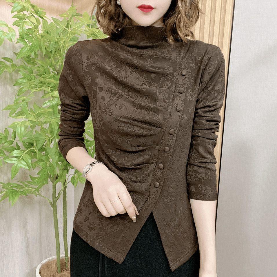 

Элегантная жаккардовая блузка с длинным рукавом и разрезами по подолу для осени и зимы XXL