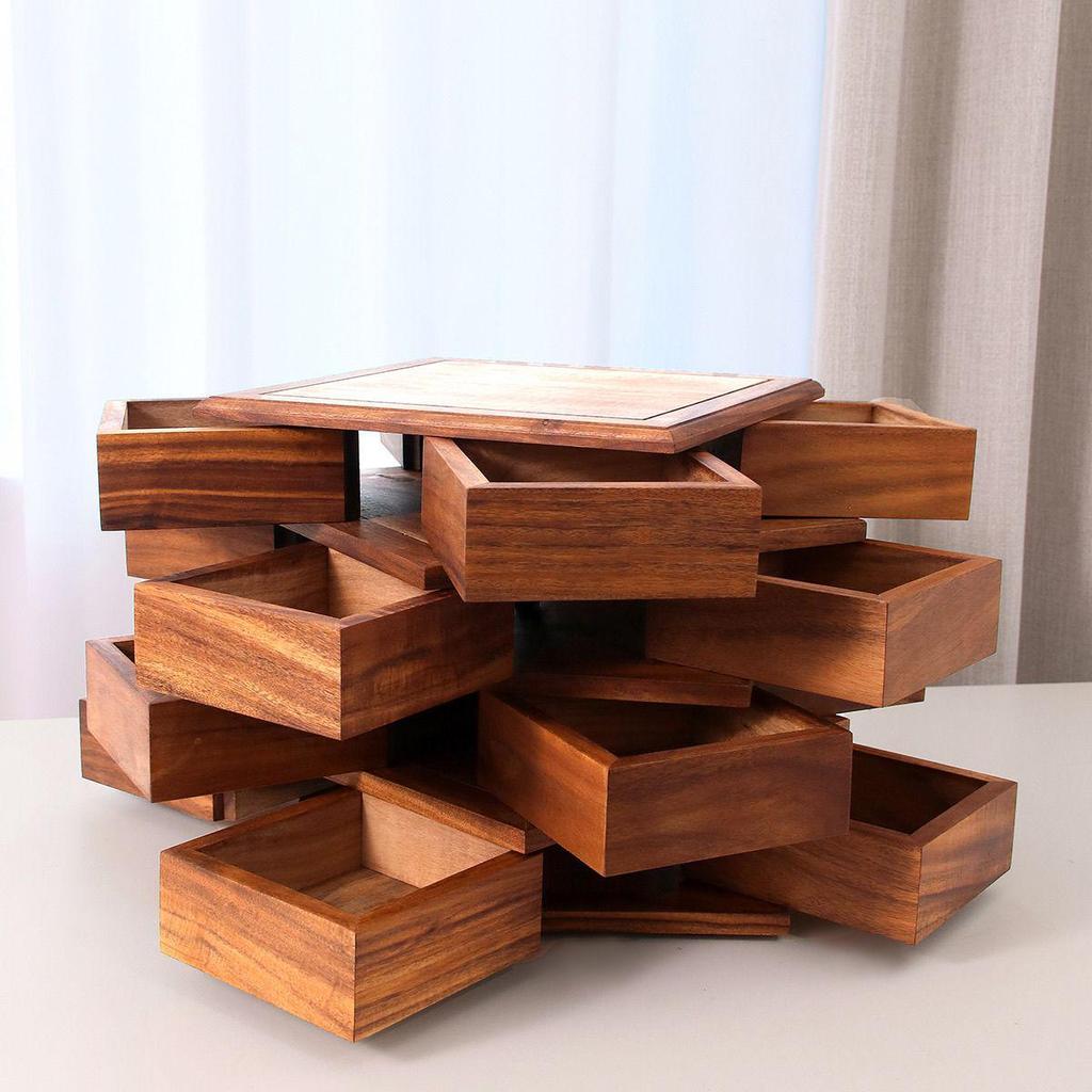 South American Walnut Rotating Puzzle Box for Tea Set & Jewelry Storage