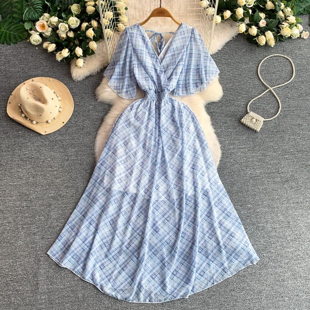 Women's V Neck Floral Chiffon Maxi Dress High Waist A-Line Casual Dress for Summer Vacation