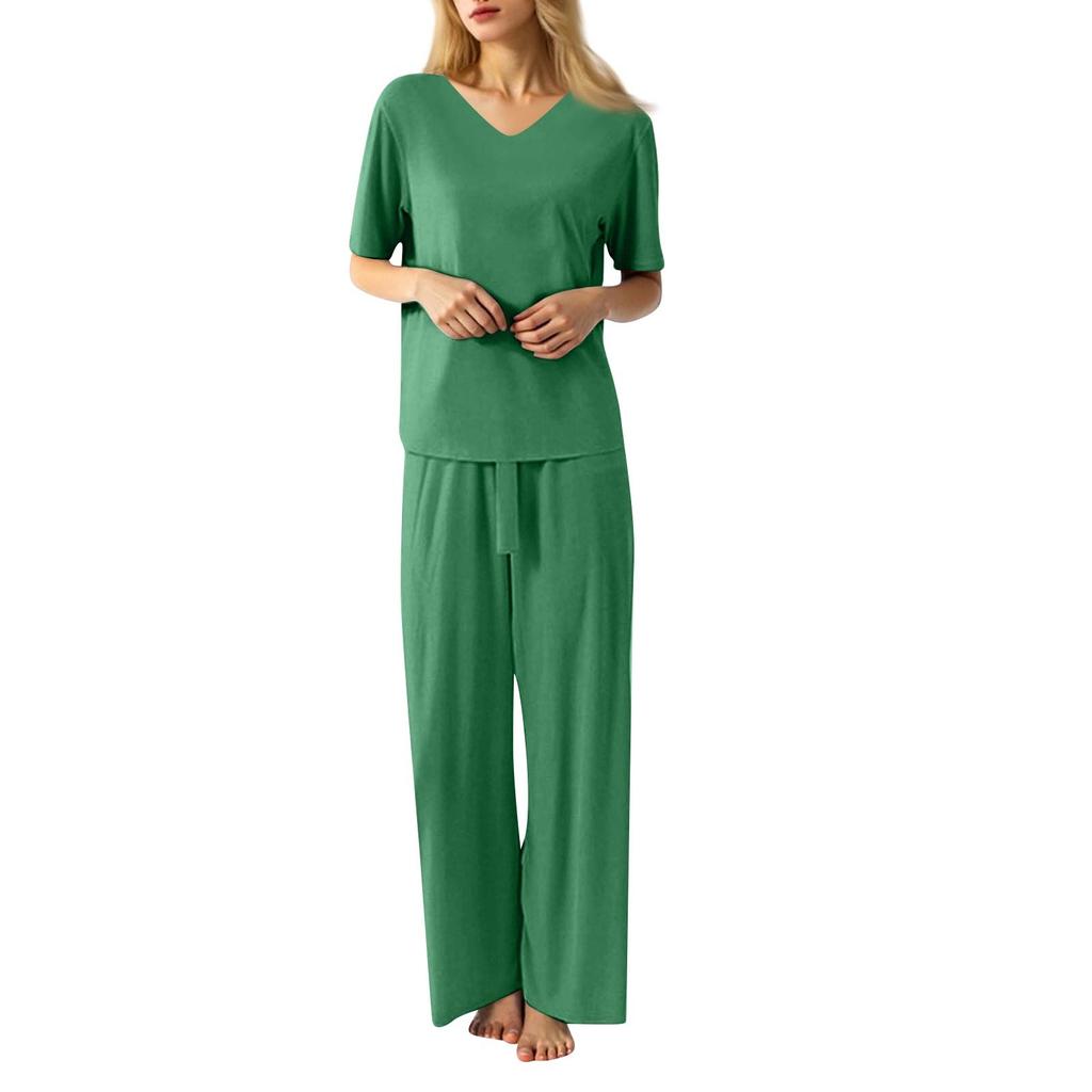 Ladies Casual Pajamas Set Color V Neck Short Sleeve Top Nine Minute Pants Two Piece Set