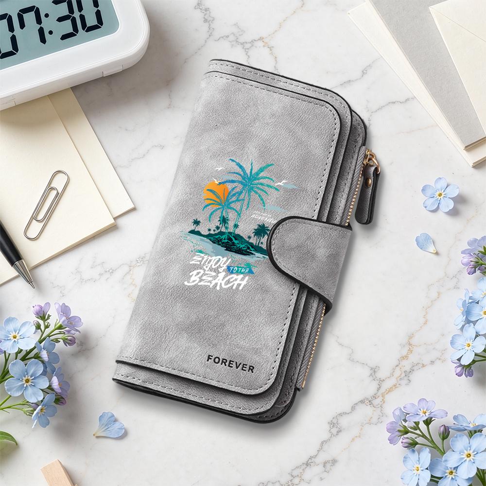 Fashion Beach Print Long Wallet Casual Portable Multi Slot Card Holder Daily Use Purse
