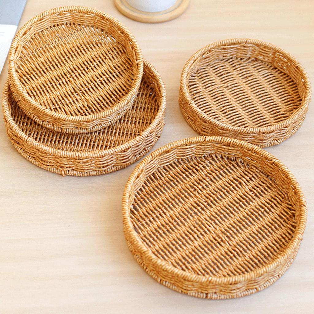 Mini Tray Plastic Hand Woven Basket Round Decorative Tray for Sweet Table Buffet Party Reception Use