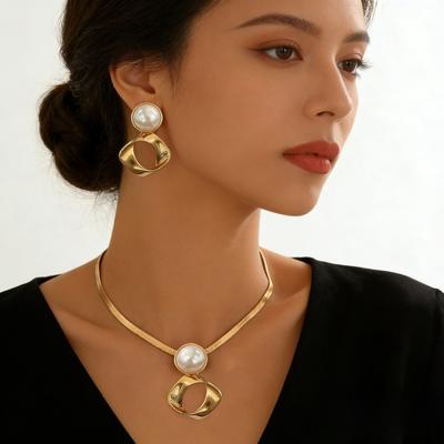 French Fashion Temperament Square Imitation Pearl High-end Stud Earrings Necklace Jewelry Set