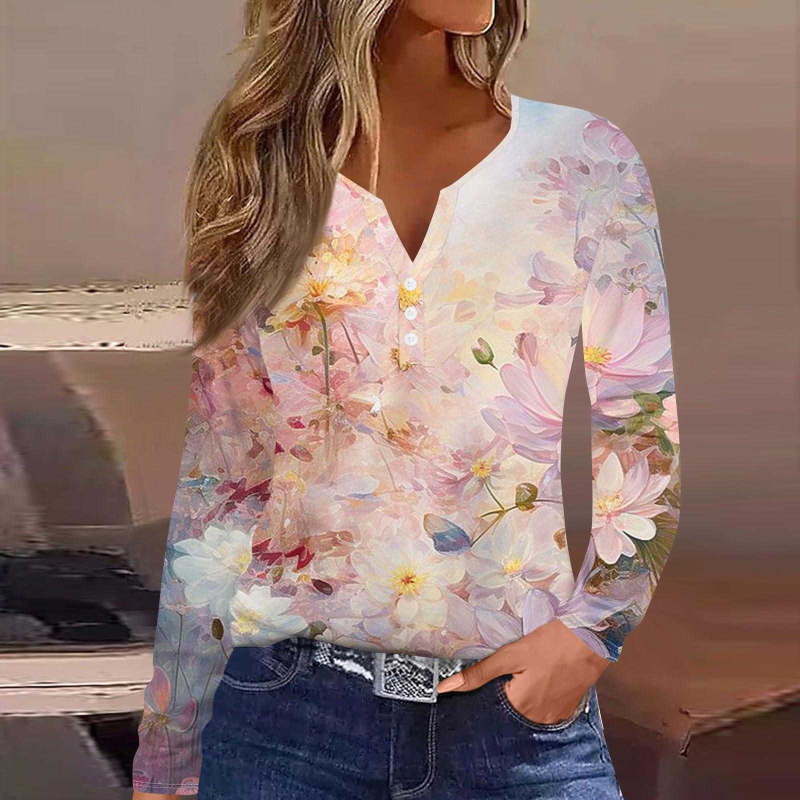 

Женская модная повседневная футболка с v-образным вырезом и длинным рукавом с принтом, топ на пуговицах M