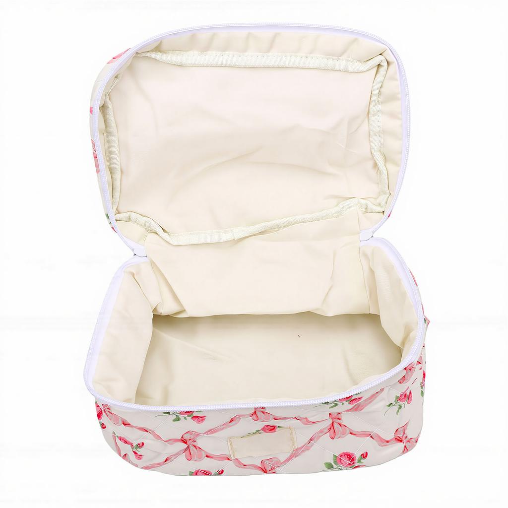Large Quilted Makeup Bag Cute Bow Cotton Cosmetic Bag for Women Girls Floral Aesthetic Toiletry Pouch