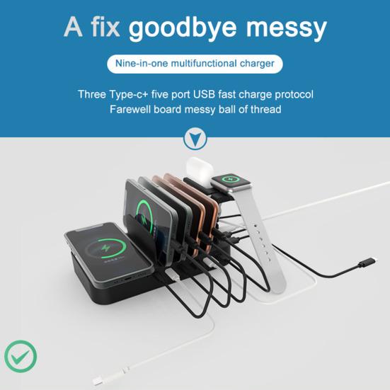 

Зарядная станция для мобильных телефонов с несколькими портами, 150 Вт, мощная док-станция для наушников, часов, беспроводное зарядное устройство US Plug