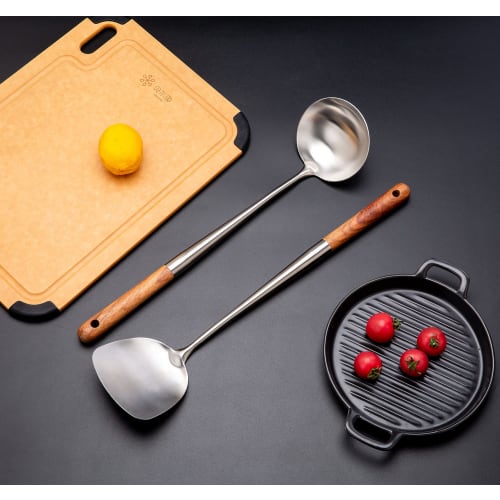 FJNATINH 17-inch Wok Ladle, 304 Stainless Steel Wok Spatula (Walnut)