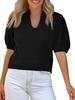 Womens Waffle Knit Sweater Top V Neck Puff Short Sleeve Cropped Spring Summer Blouse