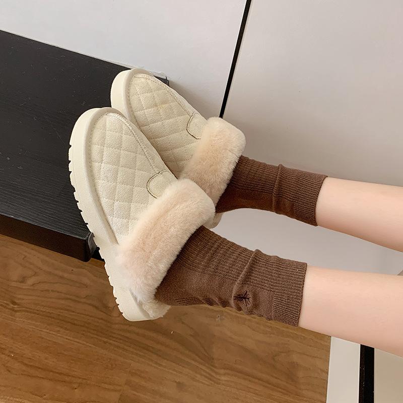 Mao Mao Mouth Thick Bottom Warm Rhombus Snow Cotton Drag Women 2025 Winter New Short Boots Piled Thickened Non-slip Cotton
