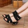 Shoes for Women 2024 New Ankle-Wrap Women's Sandals Summer Black Embroidered Mid-heel Sandals Elegant Open Toe Square Heel Mujer