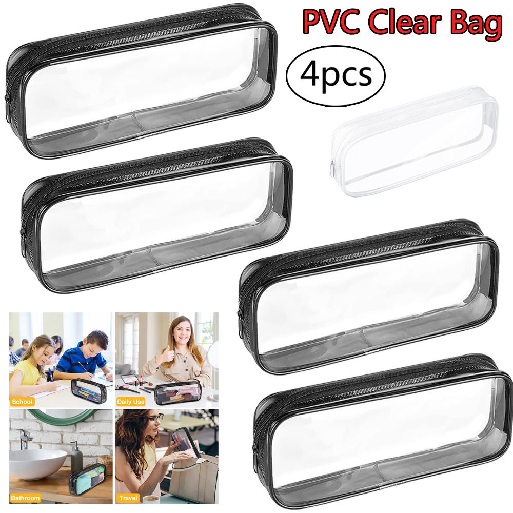 4 PCS Clear PVC Pencil Case School Exam Make Up Bag Travel Zip Pouch Zippered Clear Bag