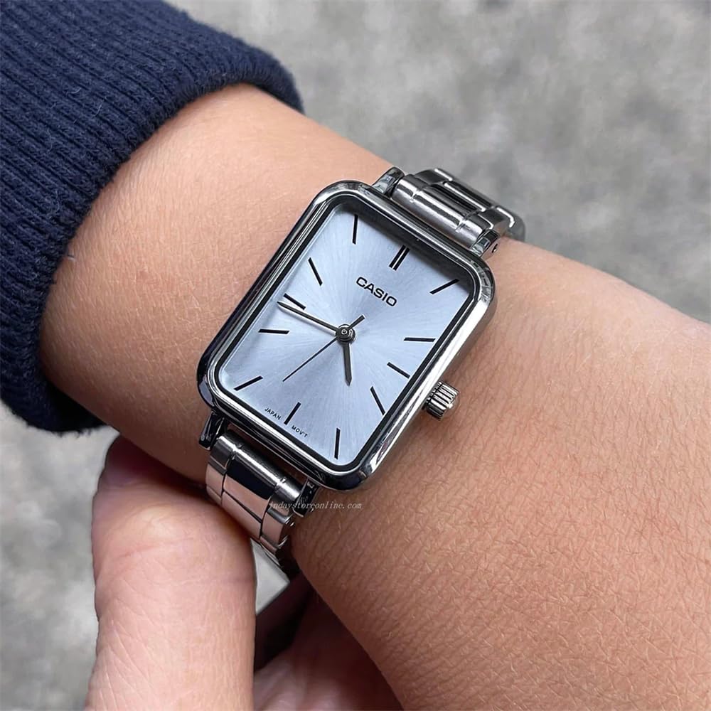 Casio Rectangular Petite Stainless Steel Blue Dial Dress LTP-V009D-2E Women's Watch, Black, Casual.