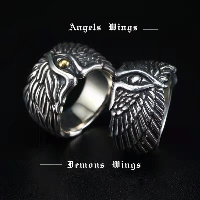 Pierścień Retro Angel Demon Wings dla mężczyzn w kolorze srebrnym Punk Gothic Otwarty pierścień Ręcznie robiony Rock Hiphop Unisex Biżuteria Akcesoria Mężczyzna Prezent