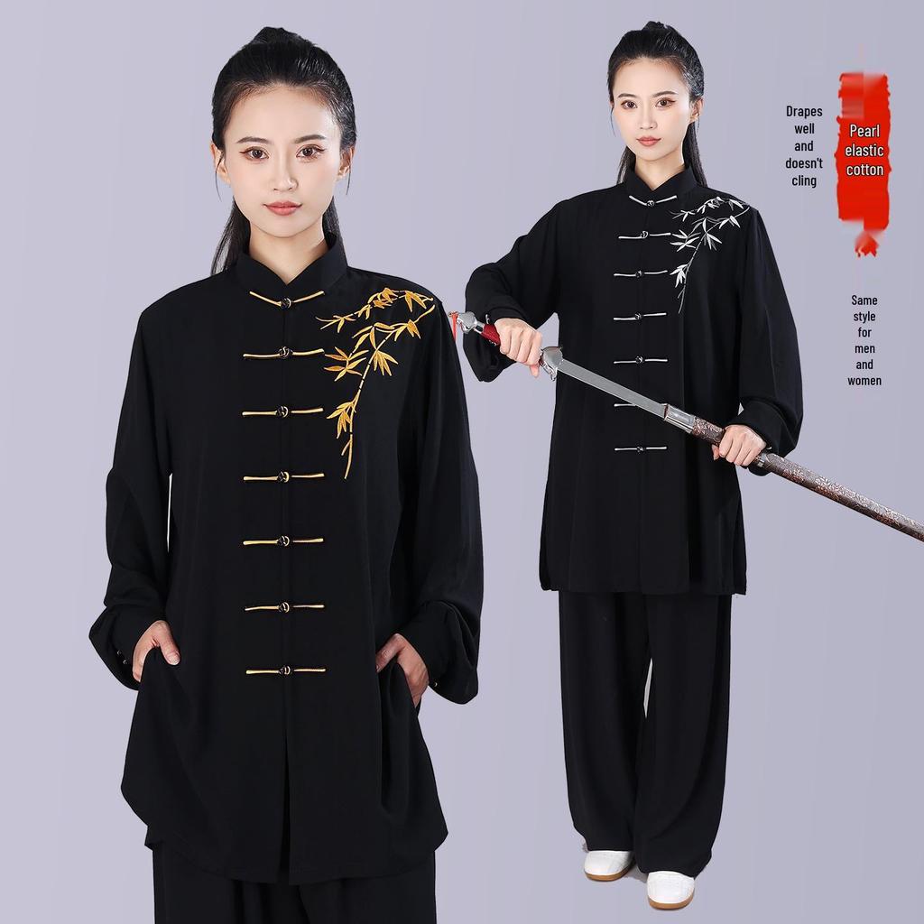 Tuta da Tai Chi Ricamata Hongji da Donna per Primavera/Estate/Autunno - Lunga, di Media Lunghezza, Nuovo Stile Cinese per Esercizio Mattutino e Arti Marziali