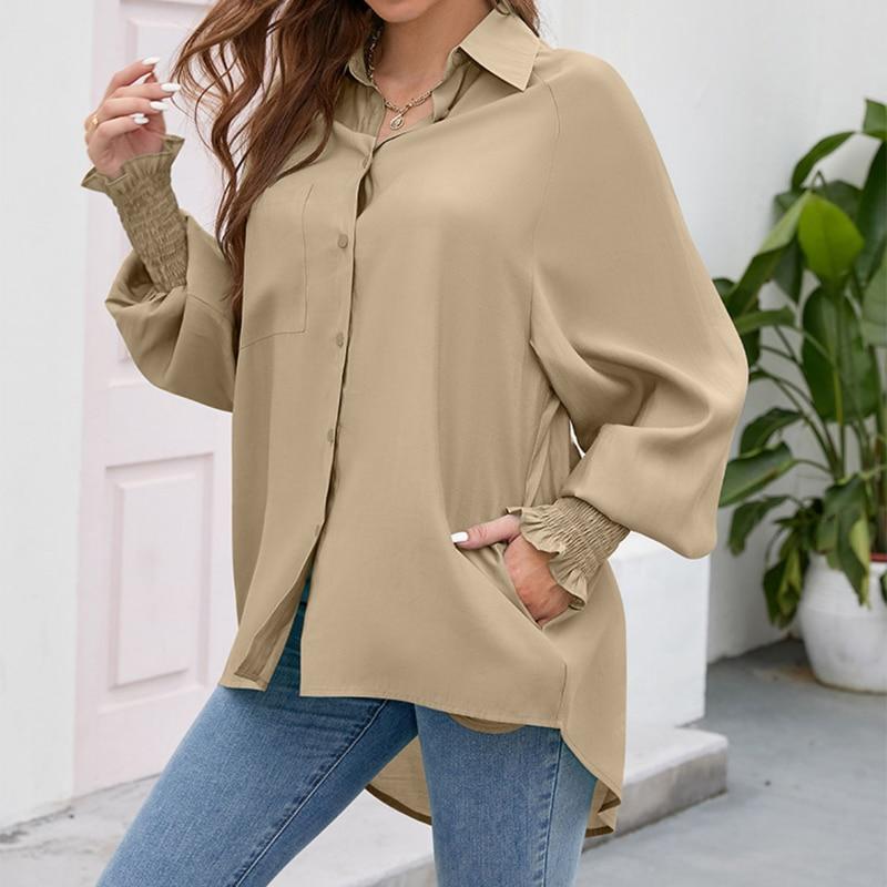 

Женская рубашка с отложным воротником и рукавом-фонариком, повседневная однотонная свободная винтажная женская блузка, модные элегантные топы на пуговицах 2023, Mujer 26499 XXL темно-коричневого