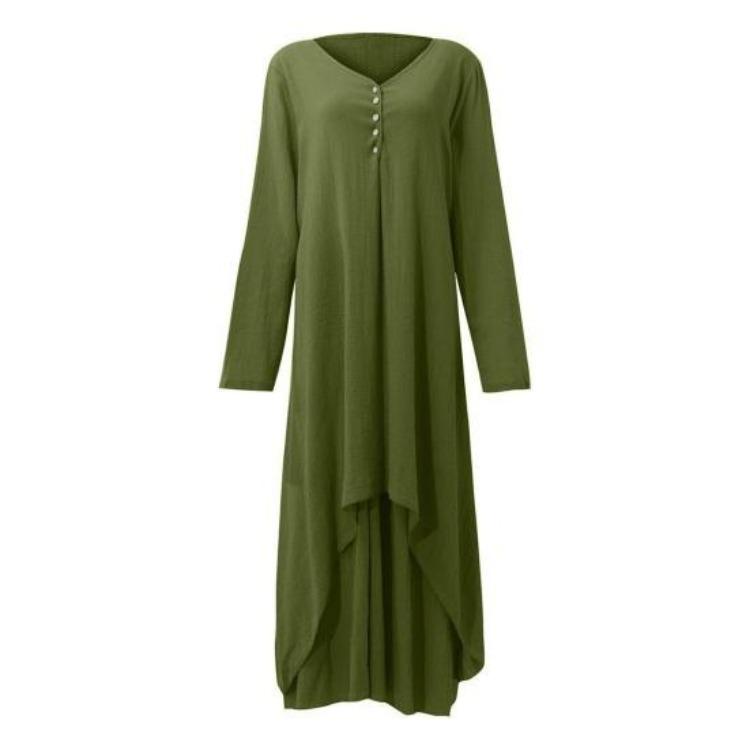 Plus Size Women Maxi Dress Irregular Layered Hem Round Neck Ninth Sleeves with Pockets Loose Beach Dress Solid Color