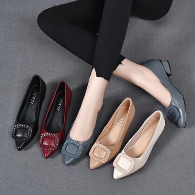 2025 Autumn New Fashion Pointed Square Buckle Temperament Low Heel Single Shoes First Layer Cowhide Flat Loafers Work Shoes