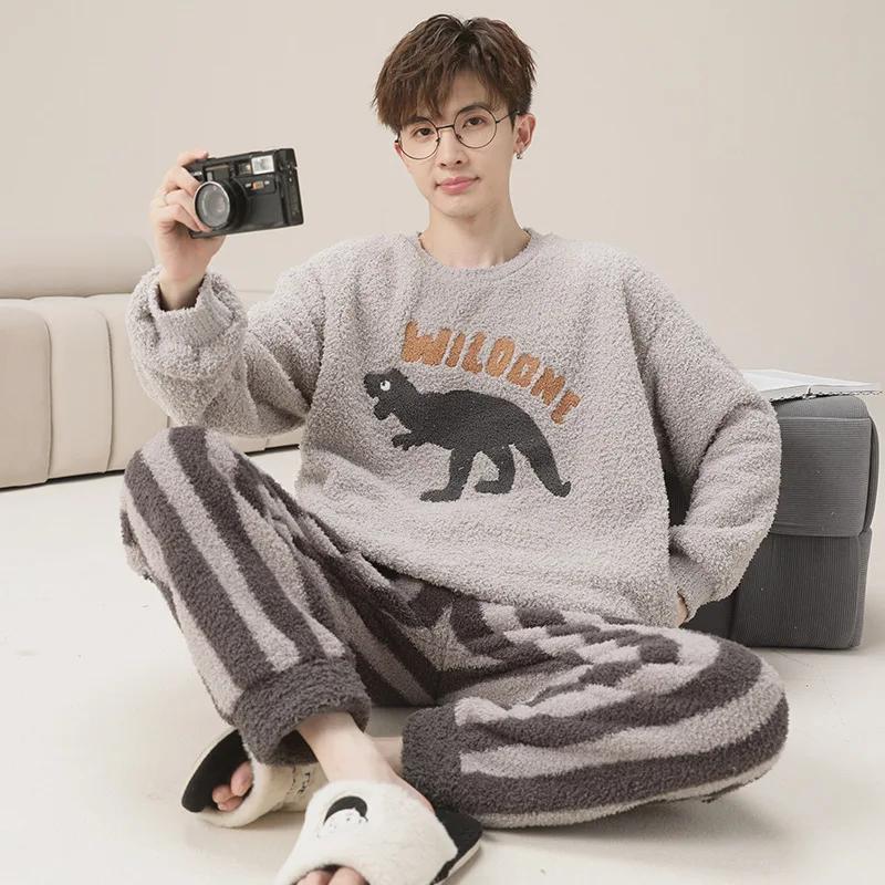 Pijama de Diseño Lindo de Moda para Hombre Otoño Invierno Forro Polar Coral Espesado Cálido Suave Masculino Polar Térmico Conjunto Ropa de Casa Juvenil