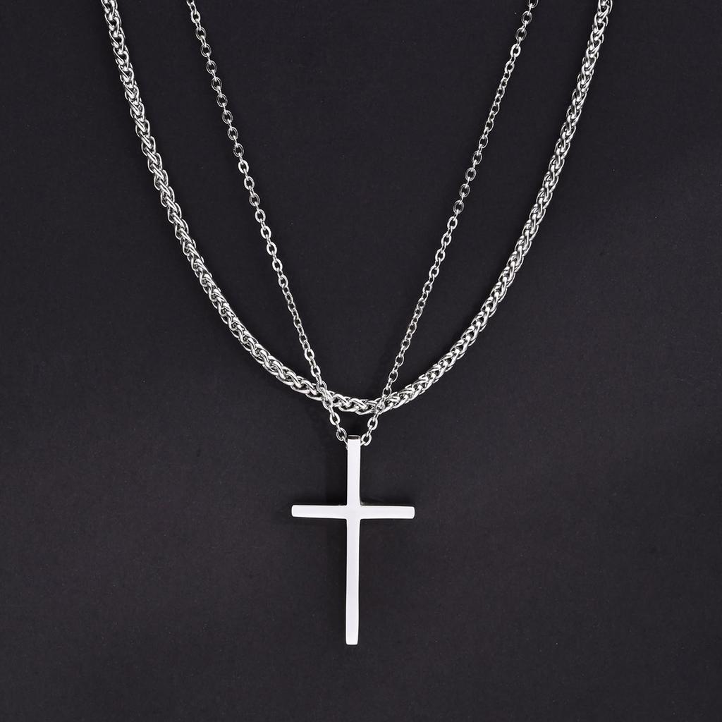 Men Double Layered Chain Cross Charm Pendant Necklace, Stainless Steel Stacking Set Choker Collar Gifts To Him