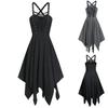 Women Casual Sling V-neck Solid Color Gothic Style Dark Black Halloween Dress