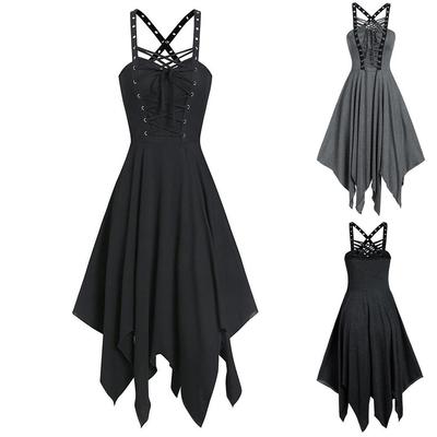 Women Casual Sling V-neck Solid Color Gothic Style Dark Black Halloween Dress