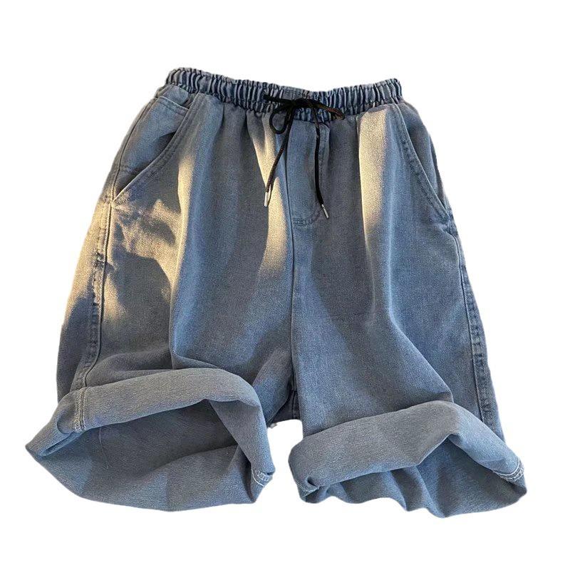 Japońskie Vintage Szorty Jeansowe do Prania Męskie Letnie Luźny Krój Szeroka Nogawka Spodnie Plażowe Sportowe Casualowe Szorty Średniej Długości