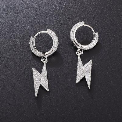 Trend Hip Hop Ice Out Cubic Zirconia Huggie Earrings Lightning Pendant Men Women Silver Color Anti-Allergy Earrings Cool Jewelry