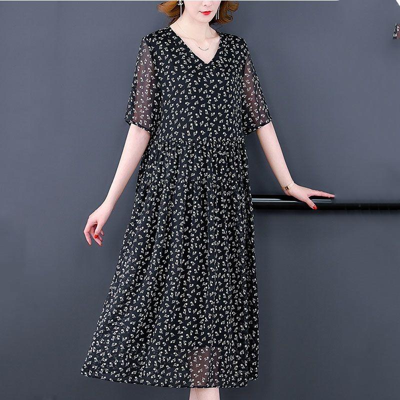 

Винтажное женское черное платье с цветочным принтом, корейская мода, лето, новинка, большой размер, рукав три четверти, V-образный вырез, пуловер, повседневное женское платье-халат из марли XXXL